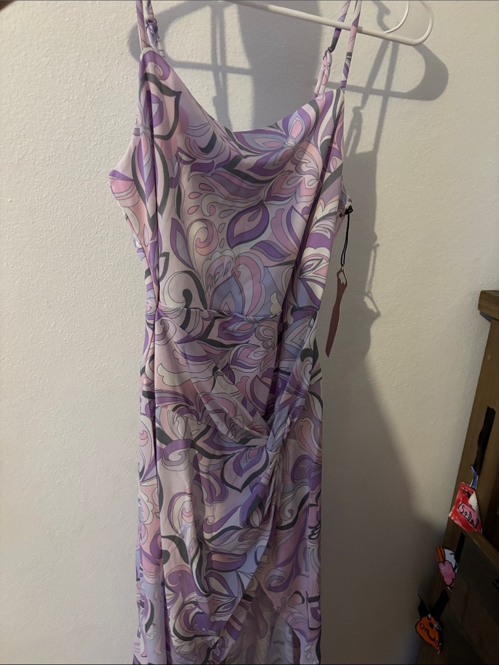 Lavender Abstract Print High/Low Mini Dress with Maxi Overlay